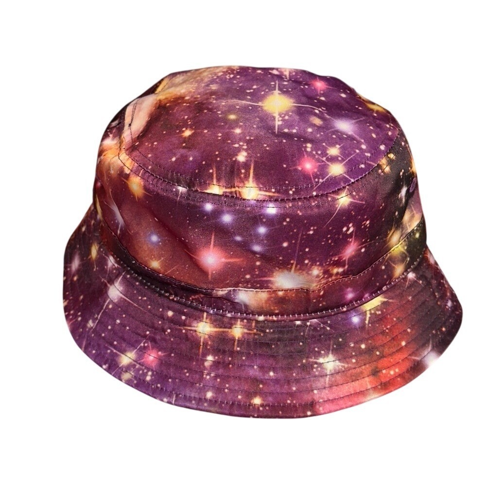 Premium Galaxy Print Bucket Hat Mens Purple Cosmic Star Nebula Festival Rave Cap
